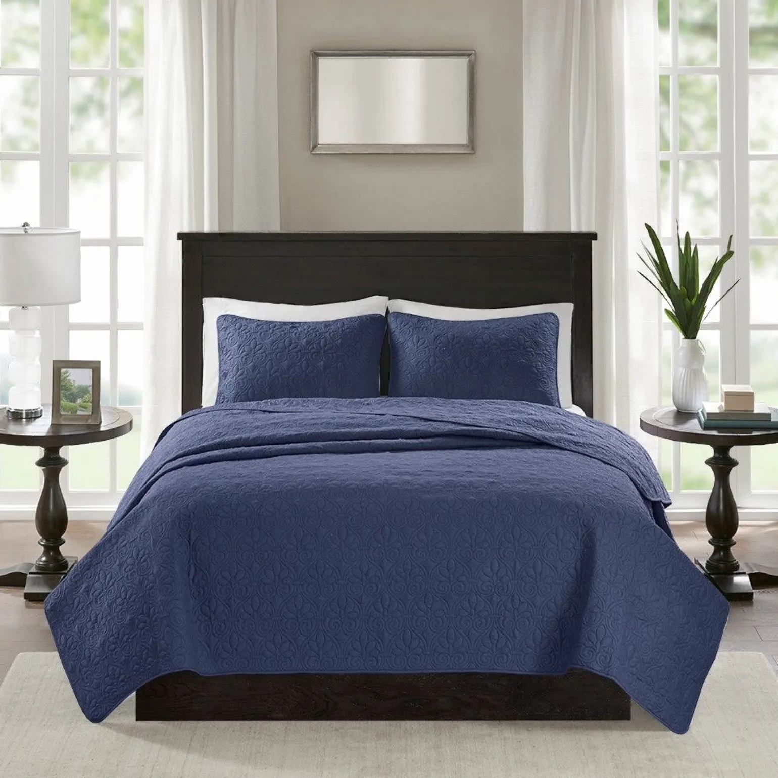 Becky Navy Reversible 3-Piece Coverlet Set - Full/Queen