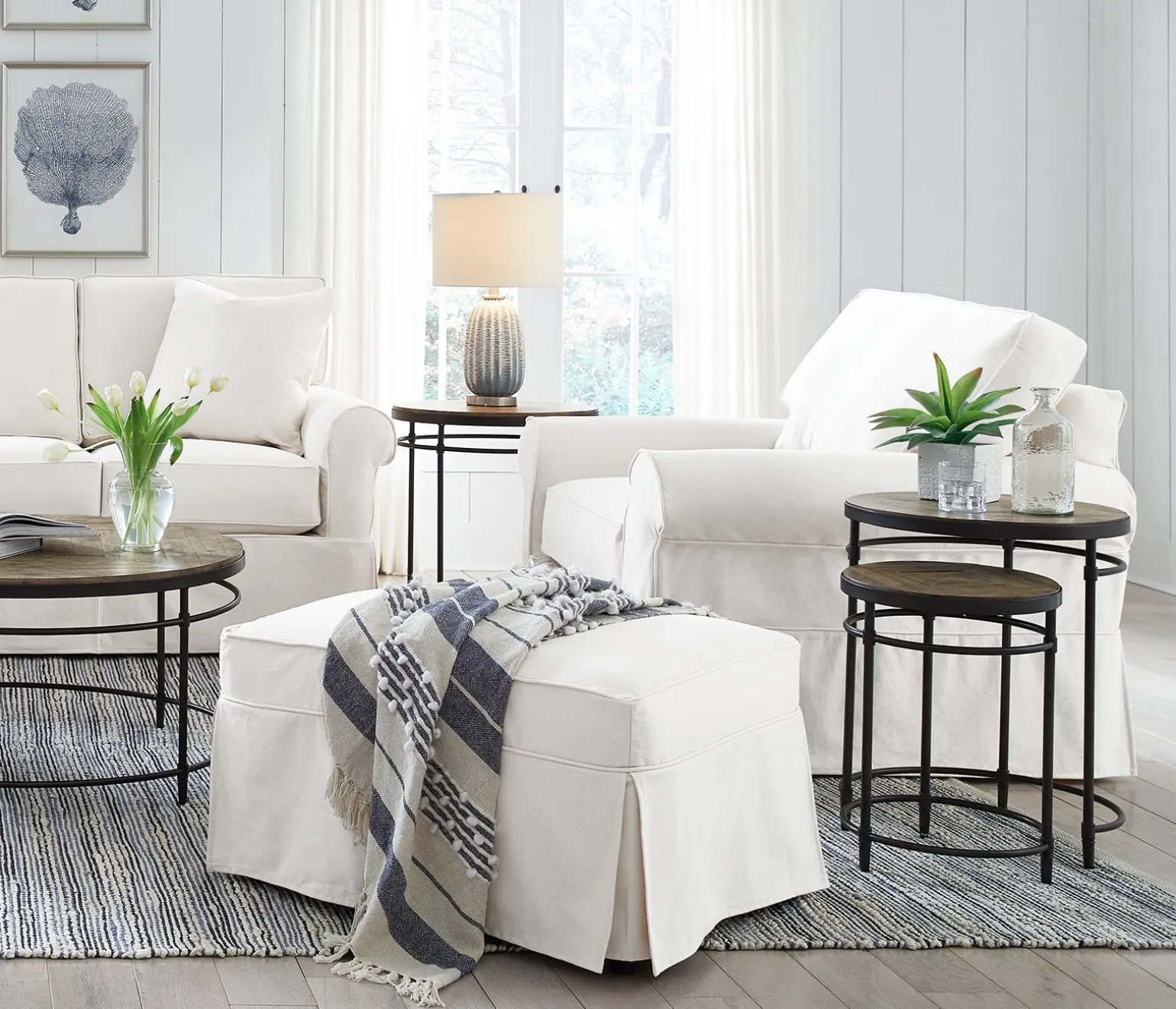 Fairbanks Slipcover Ottoman - White